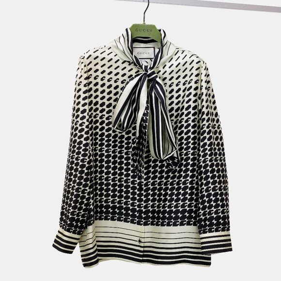 Gucci Geometric Print Two-toned Bow Blouse - Picture 3 of 11